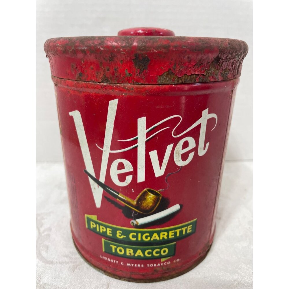 Vintage Velvet Pipe & Cigarette Tobacco Large Red Surface Rust Wear Lid & Tin